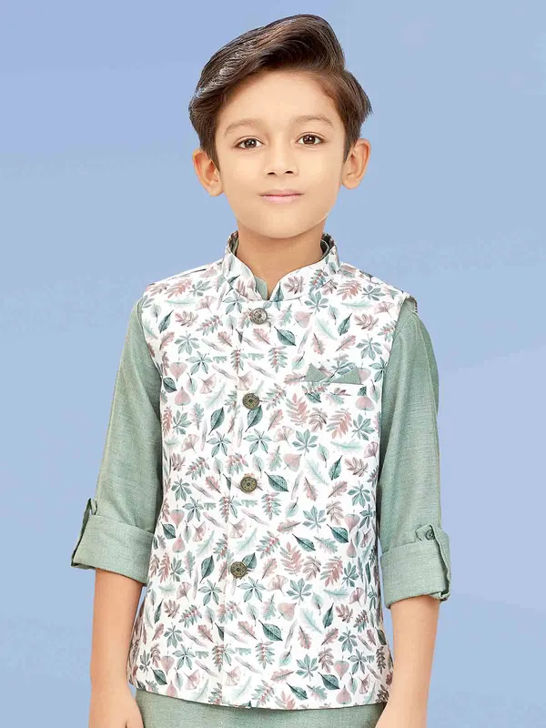 Pista green floral printed silk waistcoat set for boys