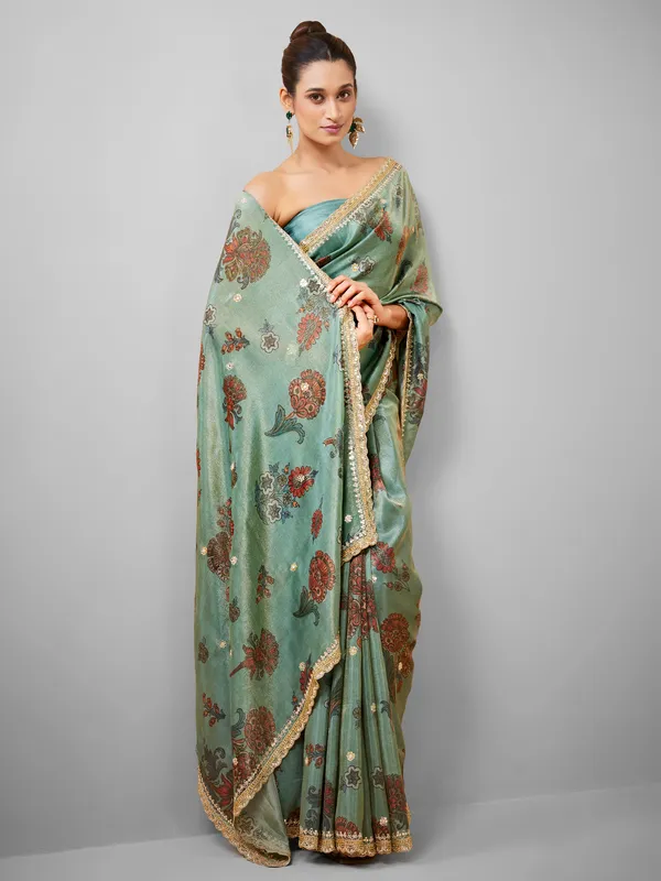 Pista green floral printed tissue silk saree