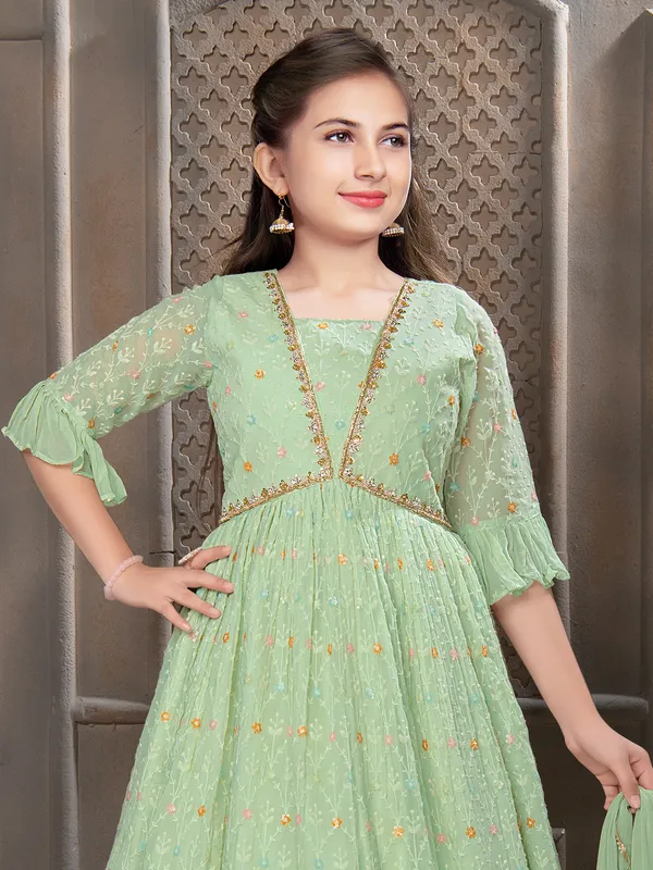 Pista green georgette embroidery gown