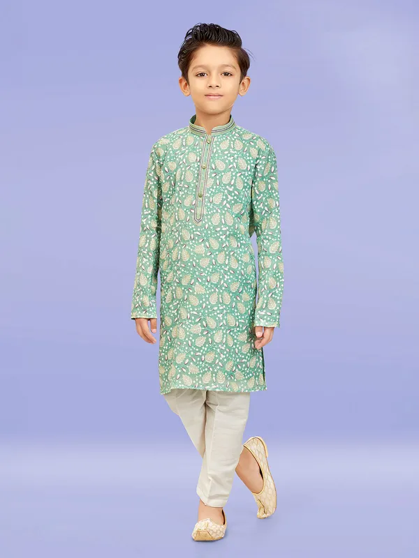 Pista green georgette embroidery kurta pajama