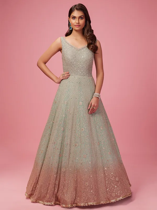 Pista green georgette floor length style gown