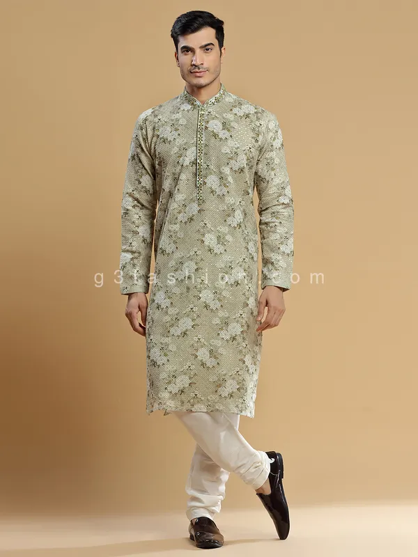 Olive georgette floral printed kurta suit