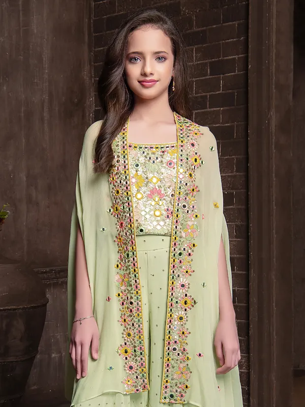 Pista green georgette jacket style palazzo suit