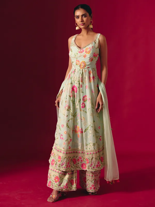 Pista green georgette pakistani style sweetheart palazzo suit