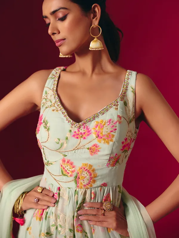 Pista green georgette pakistani style sweetheart palazzo suit