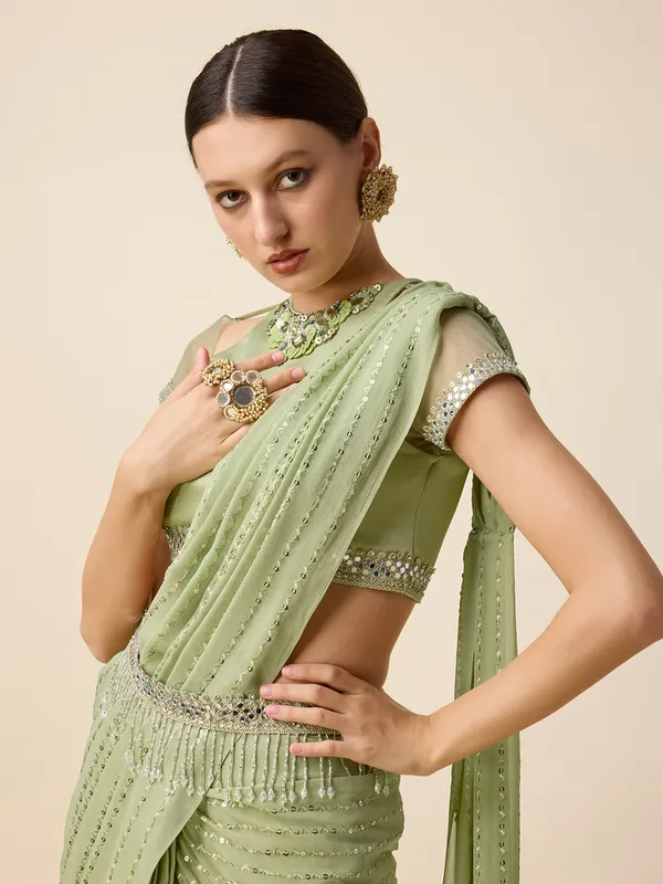 Pista green georgette pre-drape saree