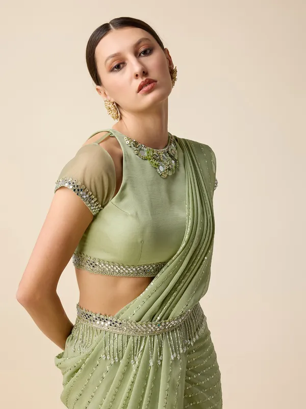 Pista green georgette pre-drape saree