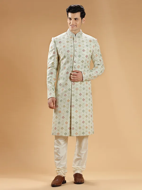 Pista green georgette sherwani with embroidery