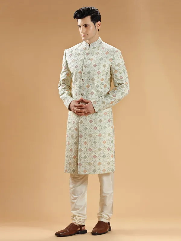 Pista green georgette sherwani with embroidery
