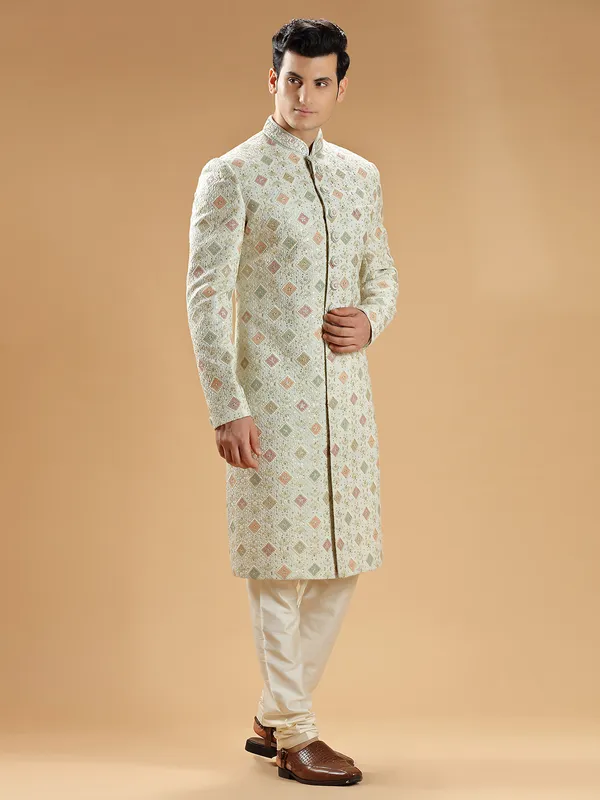Pista green georgette sherwani with embroidery