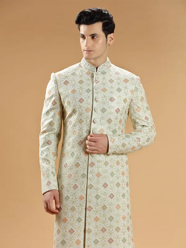 Pista green georgette sherwani with embroidery