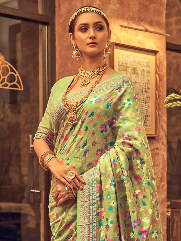 Pista green hue pashmina silk saree