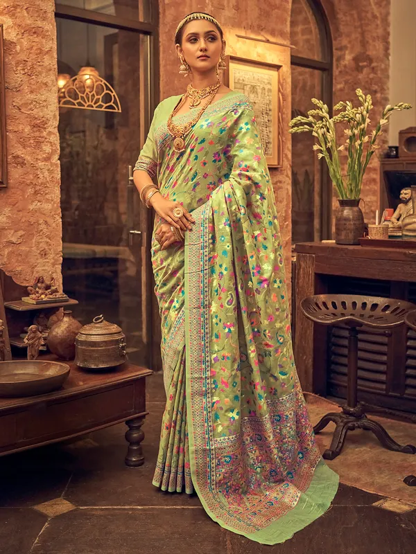 Pista green hue pashmina silk saree
