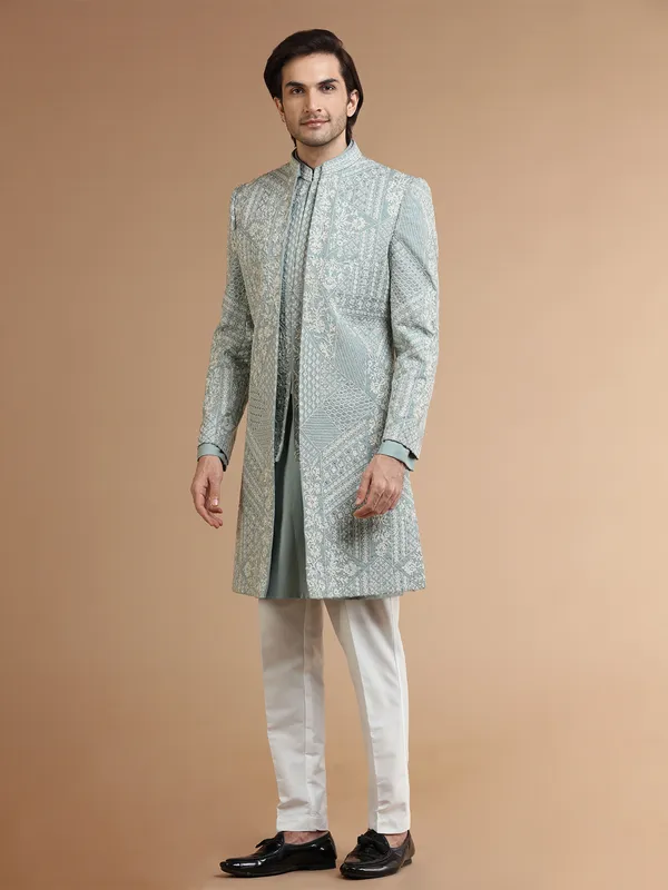 Pista green indowestern in silk