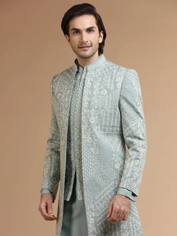 Pista green indowestern in silk