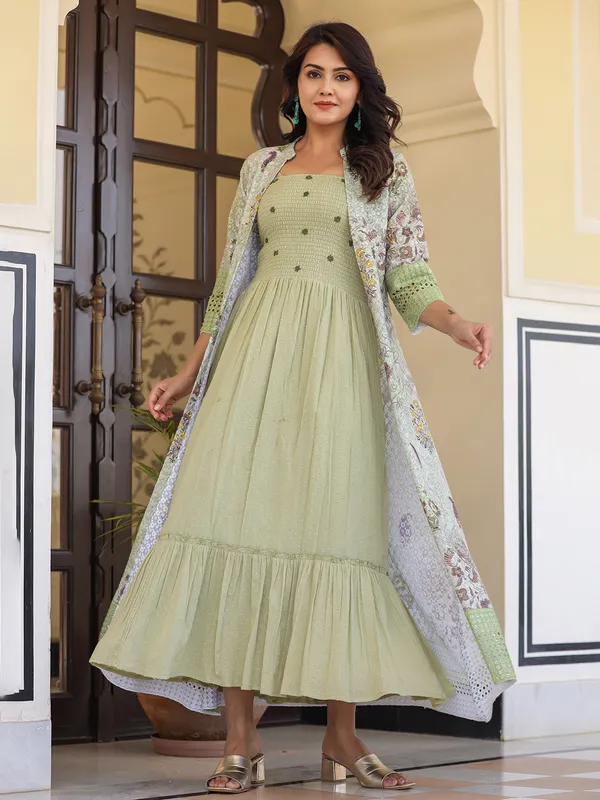 Pista green jacket style cotton kurti