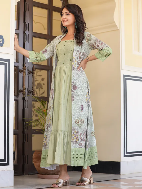 Pista green jacket style cotton kurti