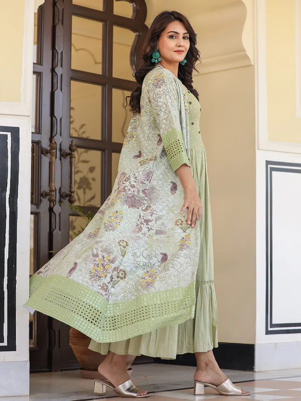 Pista green jacket style cotton kurti