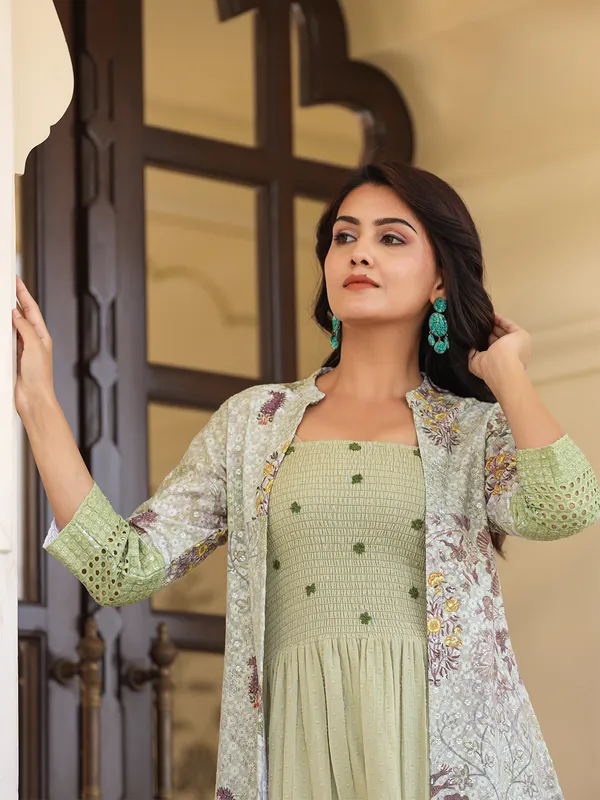 Pista green jacket style cotton kurti