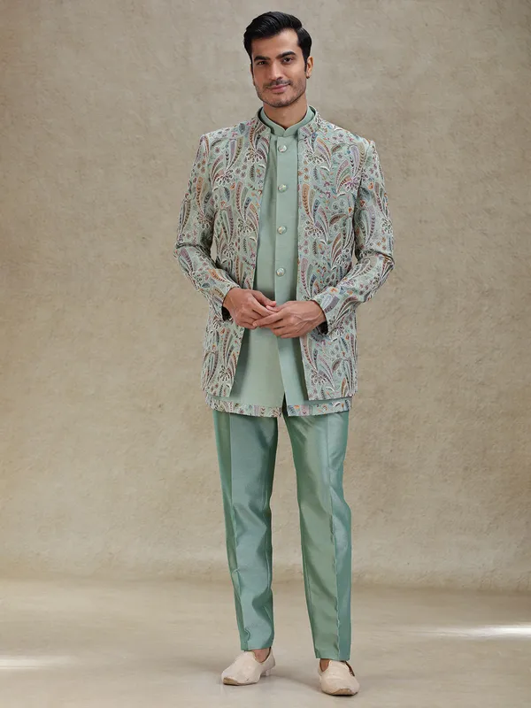 Pista green layered indo-western in stylish embellishment