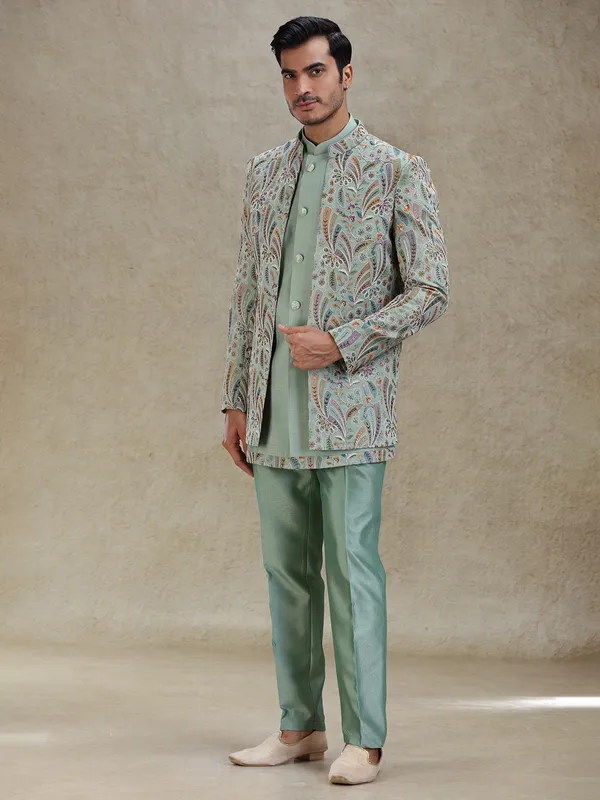 Pista green layered indo-western in stylish embellishment