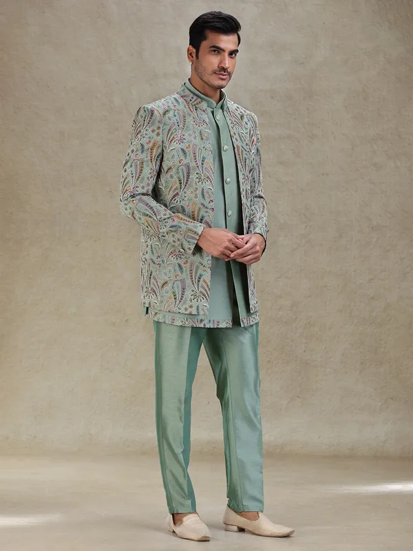 Pista green layered indo-western in stylish embellishment