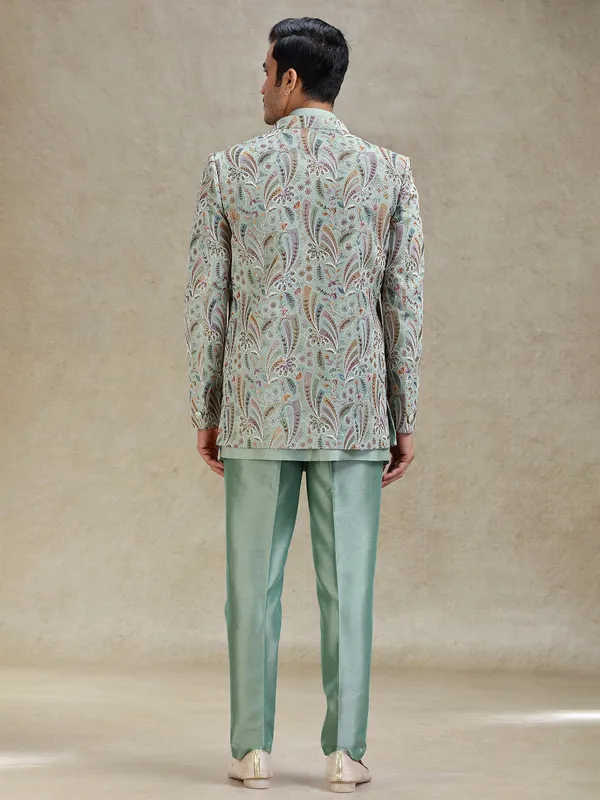 Pista green layered indo-western in stylish embellishment