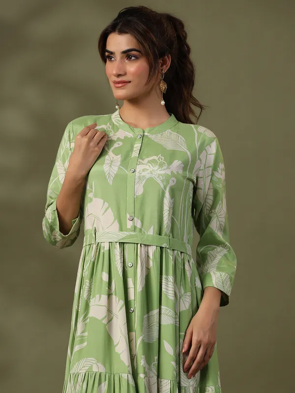 Pista green leaf printed kurti