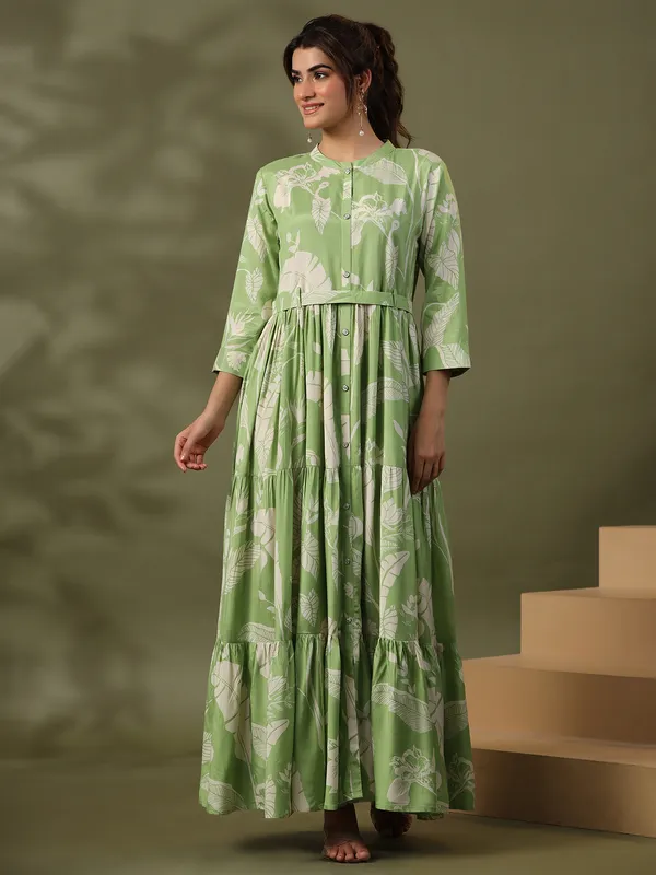 Pista green leaf printed kurti