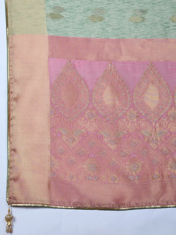 Pista green linen blend saree with zari weaving