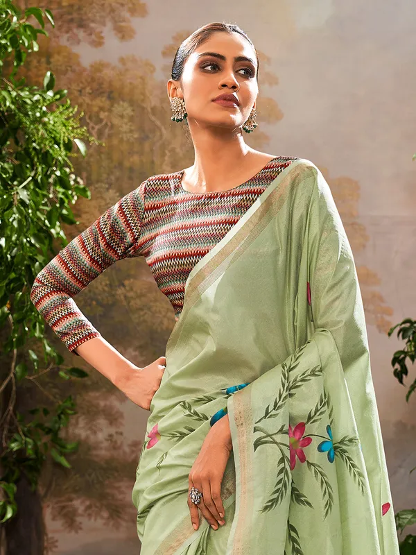 Pista green linen foral printed saree