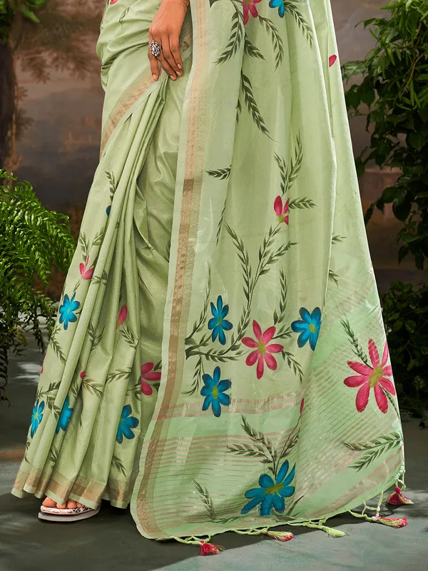 Pista green linen foral printed saree