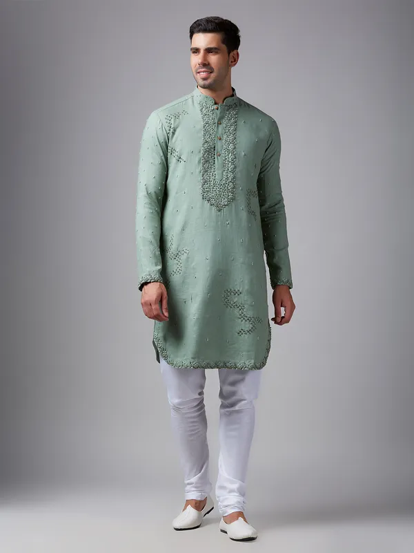 Pista green linen  Men Kurta pajama for festive