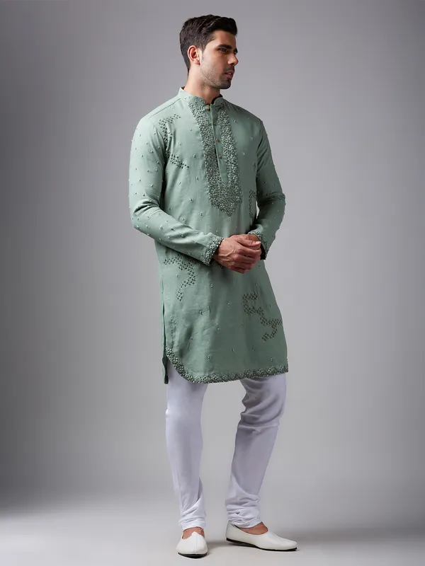 Pista green linen  Men Kurta pajama for festive