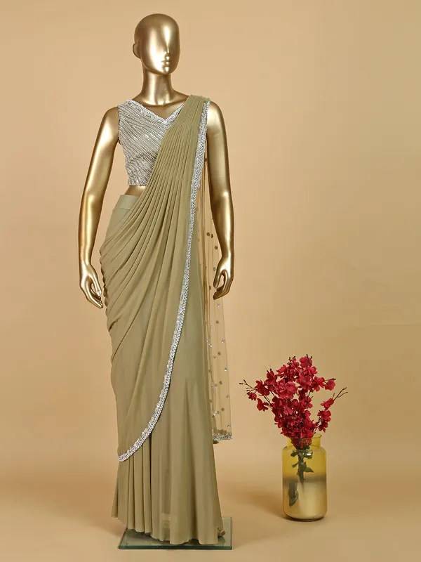Pista green lycra ready to wear saree