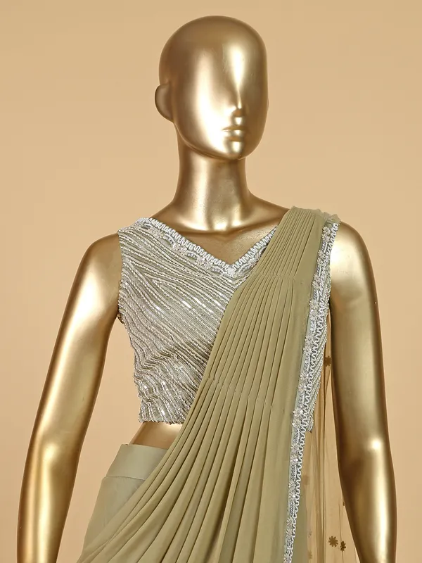 Pista green lycra ready to wear saree