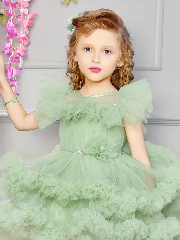 Pista green net frock for party
