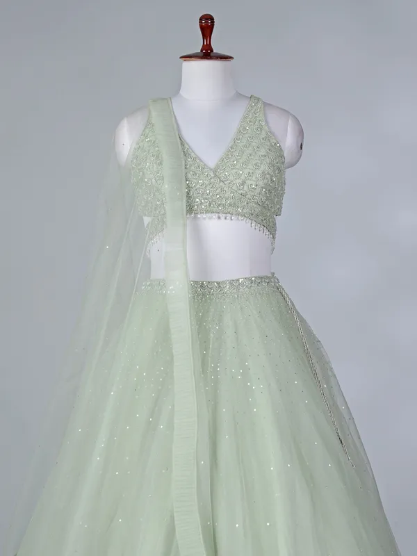 Pista green net lehenga choli with beaded design