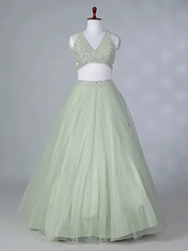 Pista green net lehenga choli with beaded design
