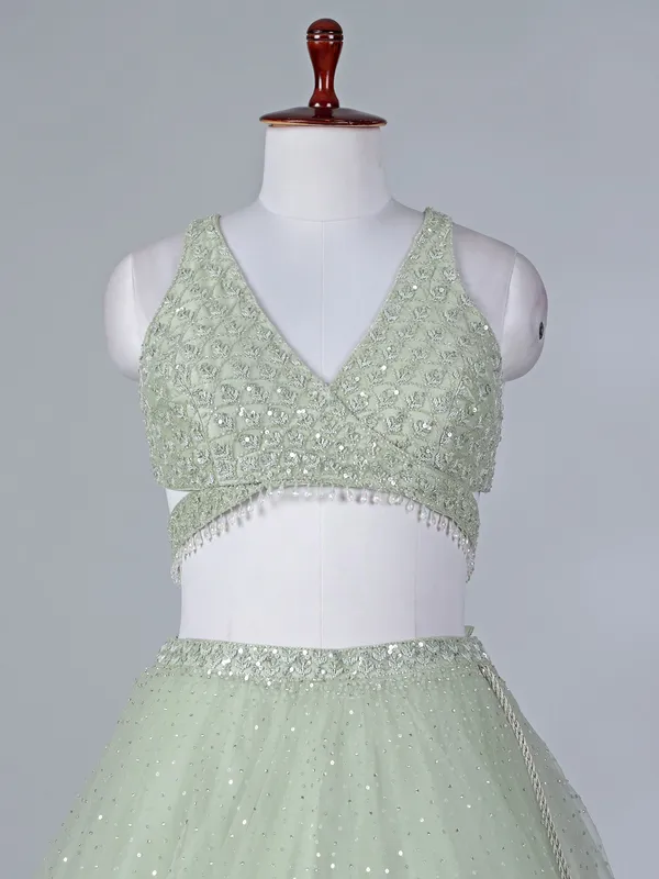 Pista green net lehenga choli with beaded design