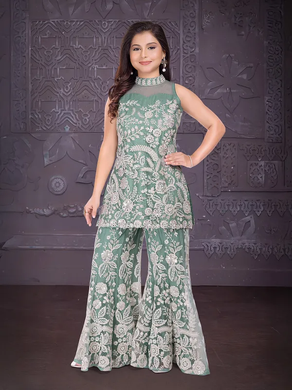 Pista green net sparkling wedding wear palazzo suit