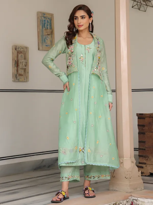 Pista green organza and chanderi silk kurti set