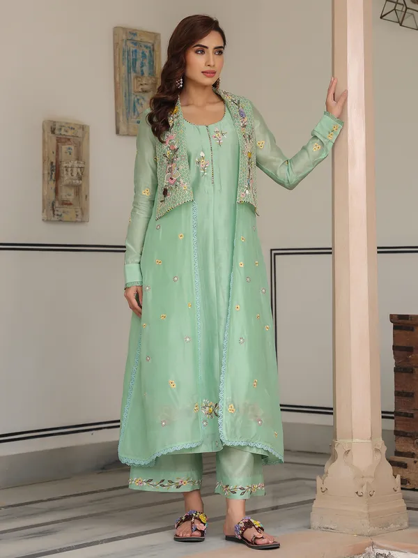 Pista green organza and chanderi silk kurti set