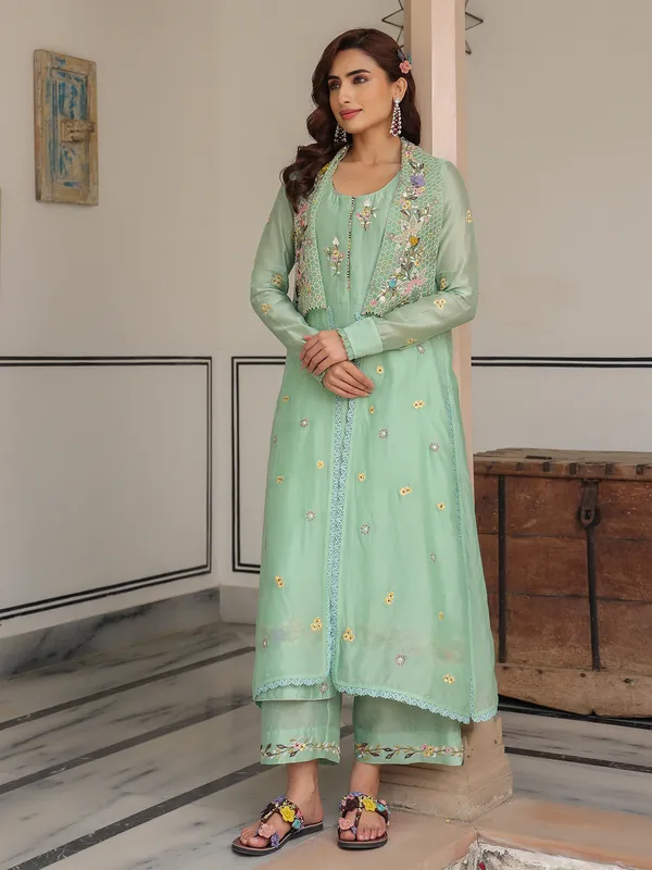 Pista green organza and chanderi silk kurti set