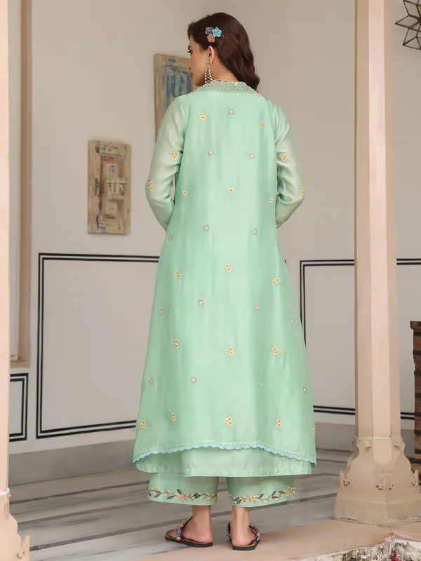 Pista green organza and chanderi silk kurti set