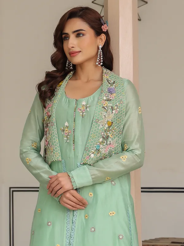 Pista green organza and chanderi silk kurti set