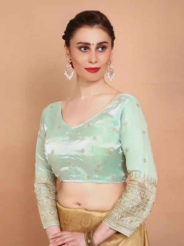 Pista green organza embroidered ready made blouse