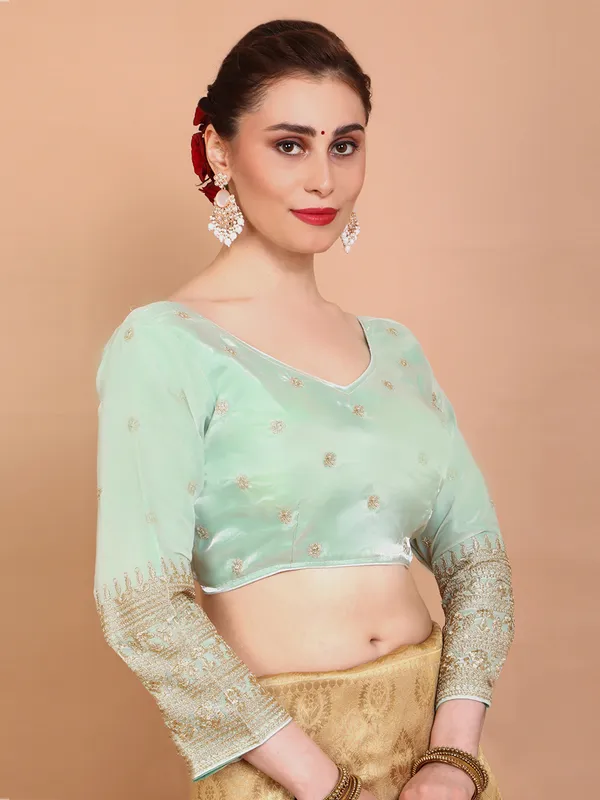 Pista green organza embroidered ready made blouse