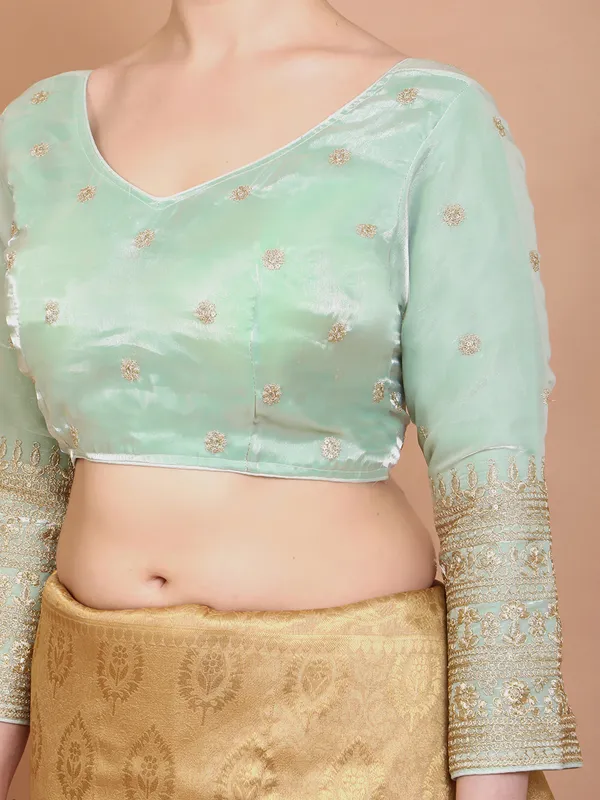 Pista green organza embroidered ready made blouse
