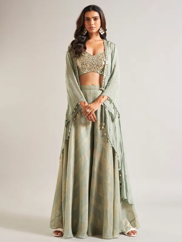 Pista green palazzo salwar suit in georgette